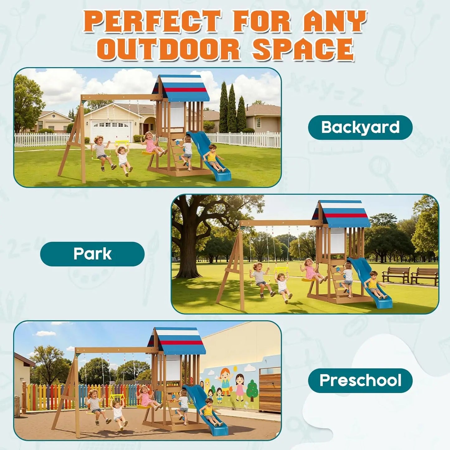 Wooden 6-In-1 Kids Swing Set With Tower Playhouse Wave Slide