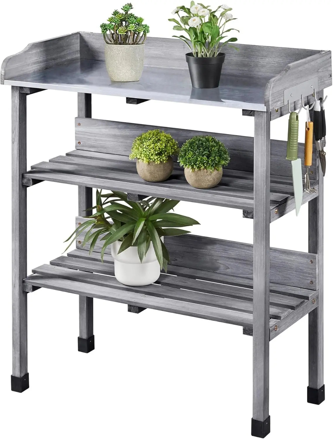 XIUWO Outdoor Potting Bench With Storage Shelf And Hooks