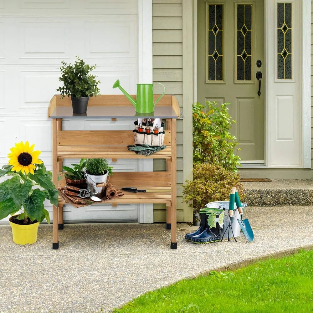 XIUWO Outdoor Garden Potting Bench With Wooden Tabletop And Storage