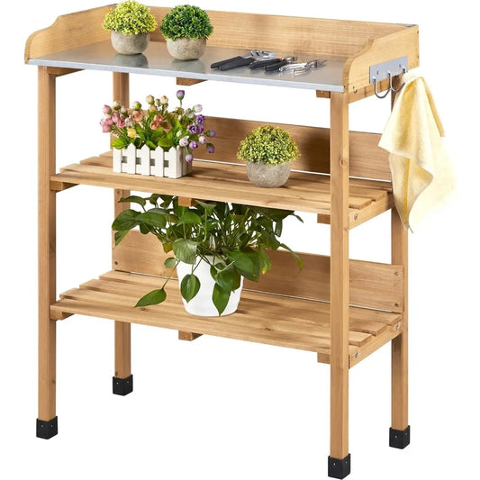 XIUWO Outdoor Garden Potting Bench With Wooden Tabletop And Storage