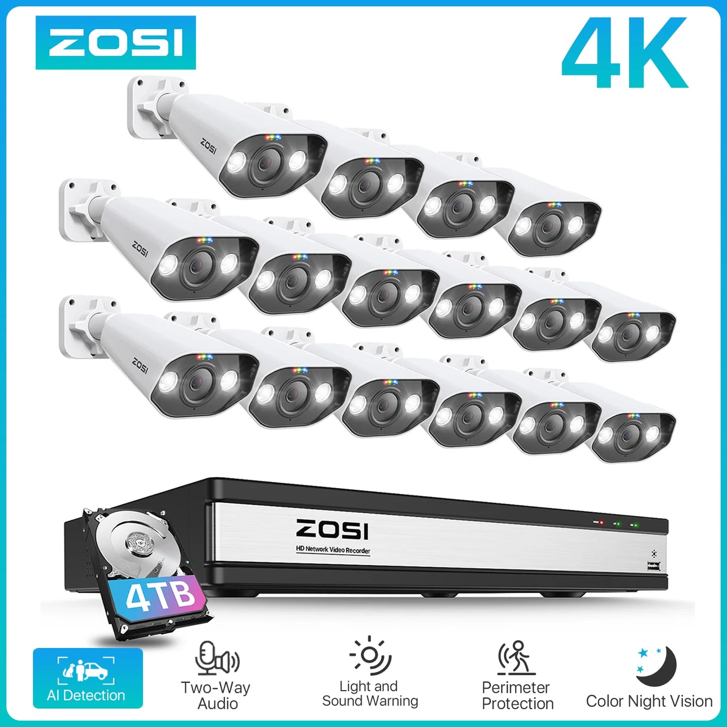 ZOSI 16CH 4K PoE Security Camera System with AI Detection