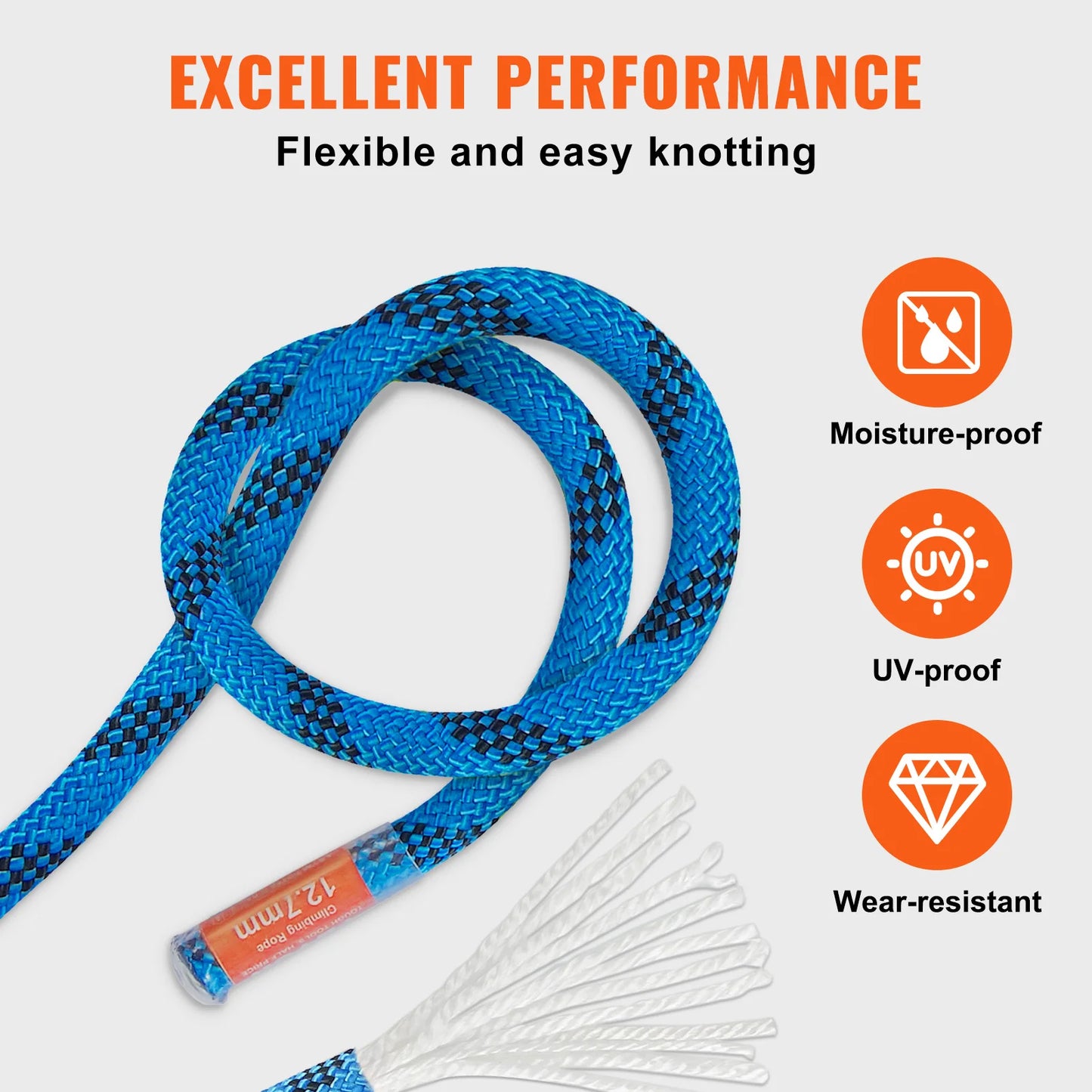 VEVOR Static Climbing Rope With Steel Snap Hooks 30kN Breaking Tension