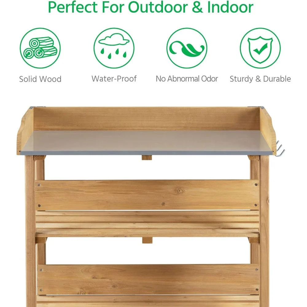 XIUWO Outdoor Potting Bench With Storage Shelf And Hooks