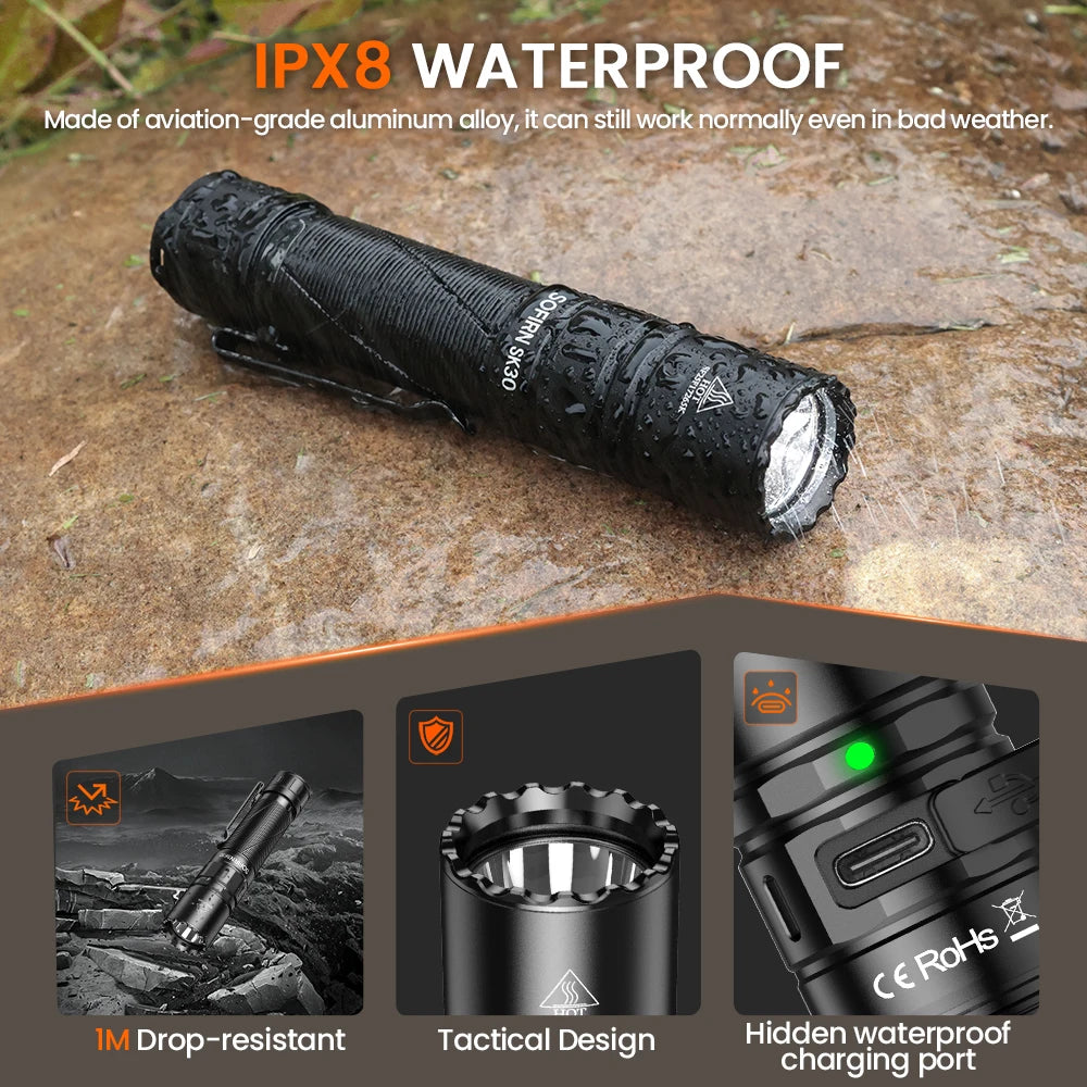Sofirn SK30 3000 Lumen 6000K USB C Tactical Flashlight