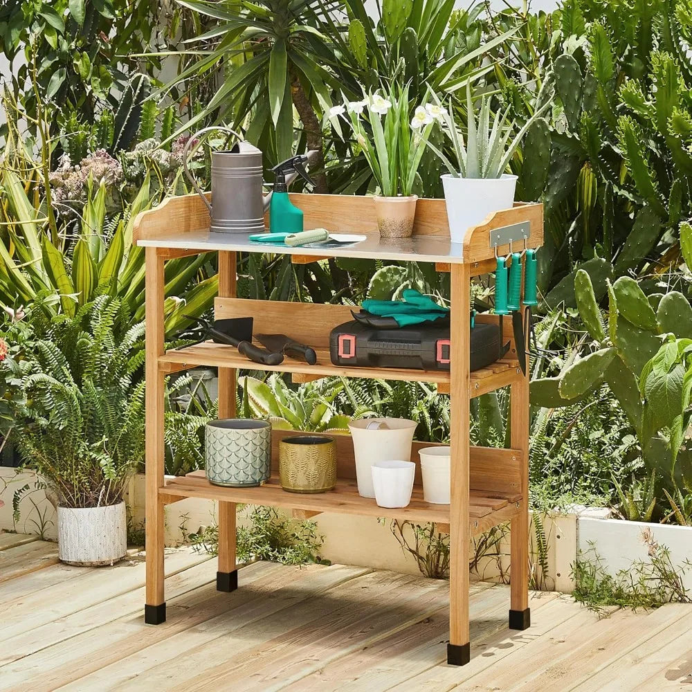 XIUWO Outdoor Garden Potting Bench With Wooden Tabletop And Storage