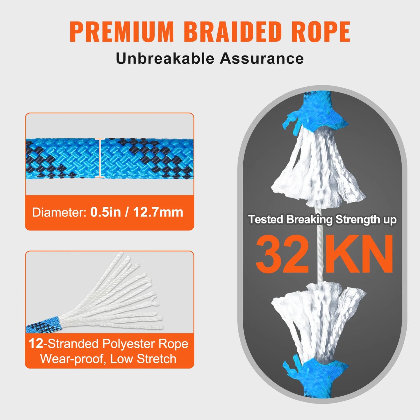 VEVOR Static Climbing Rope 32 kN Breaking Strength With Hooks