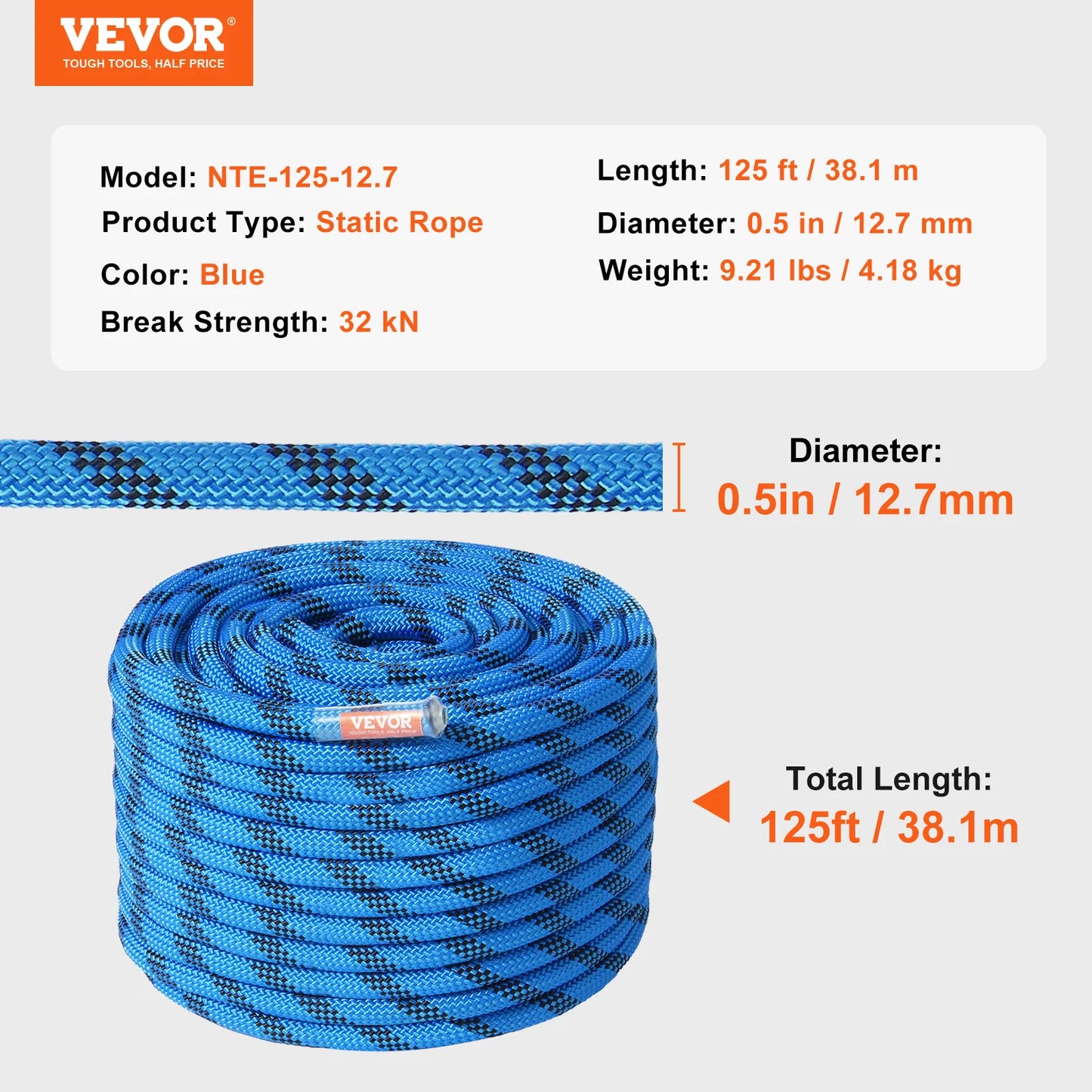 VEVOR Static Climbing Rope 32 kN Breaking Strength With Hooks