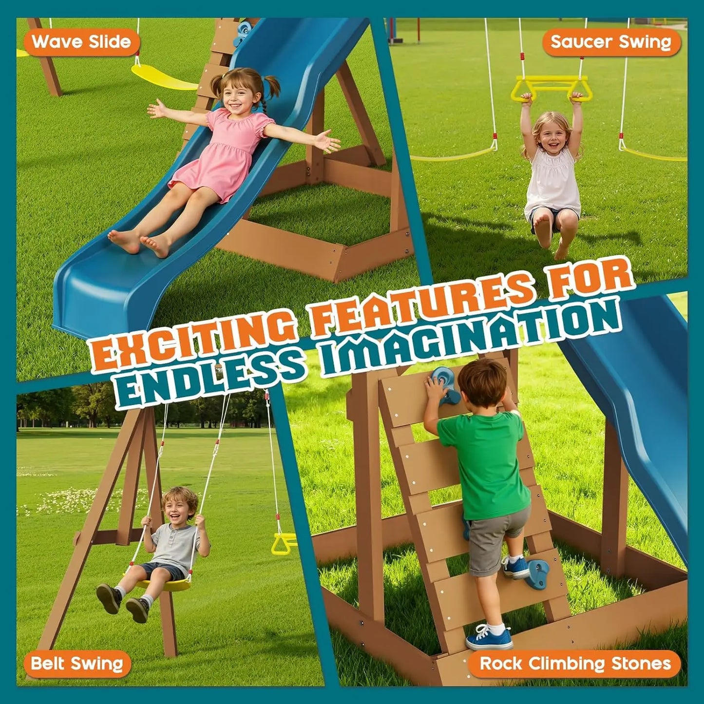 Wooden 6-In-1 Kids Swing Set With Tower Playhouse Wave Slide