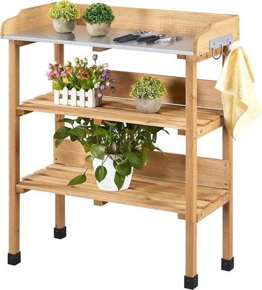 XIUWO Outdoor Potting Bench With Storage Shelf And Hooks