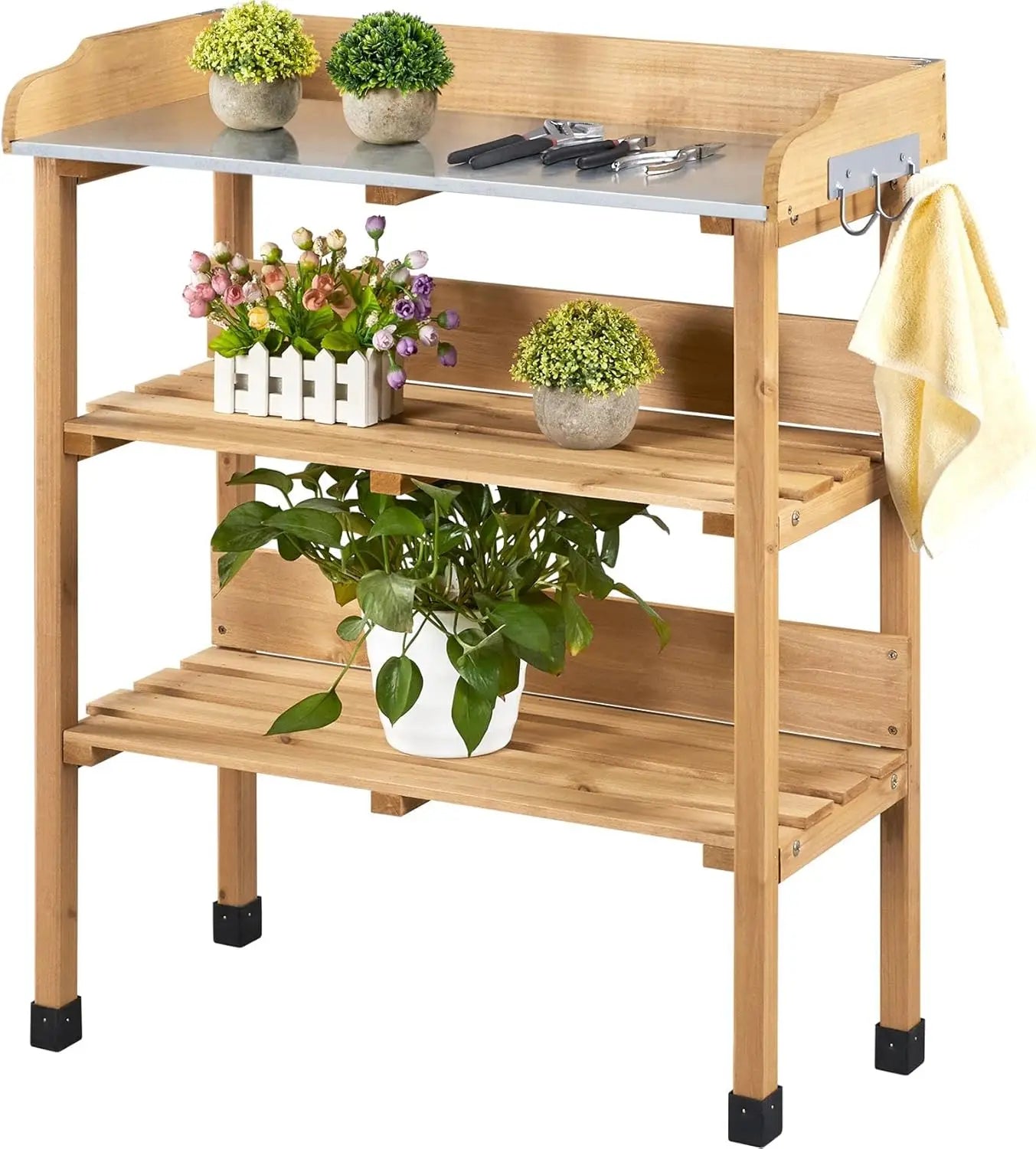 XIUWO Outdoor Garden Potting Bench With Wooden Tabletop And Storage