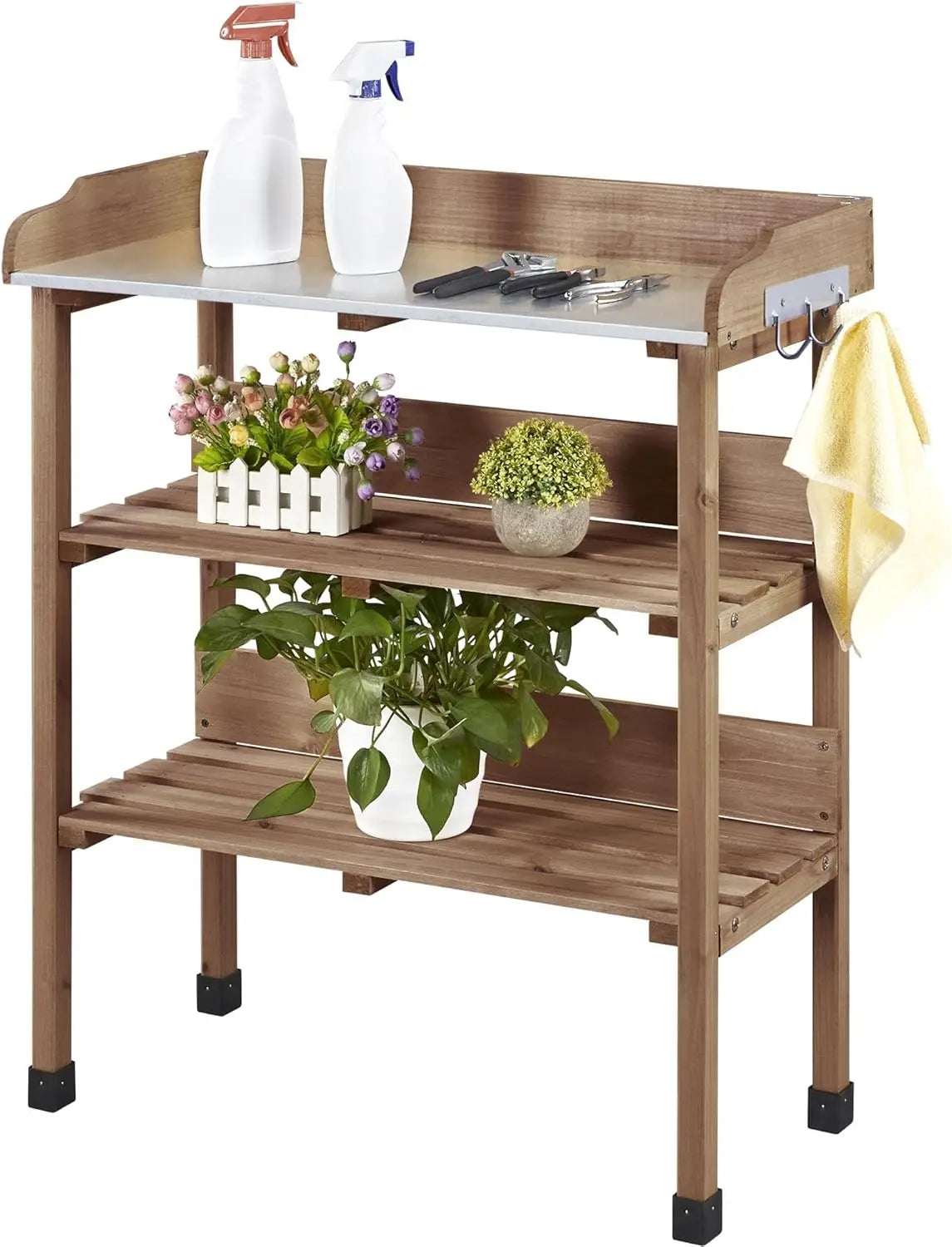 XIUWO Outdoor Garden Potting Bench With Wooden Tabletop And Storage