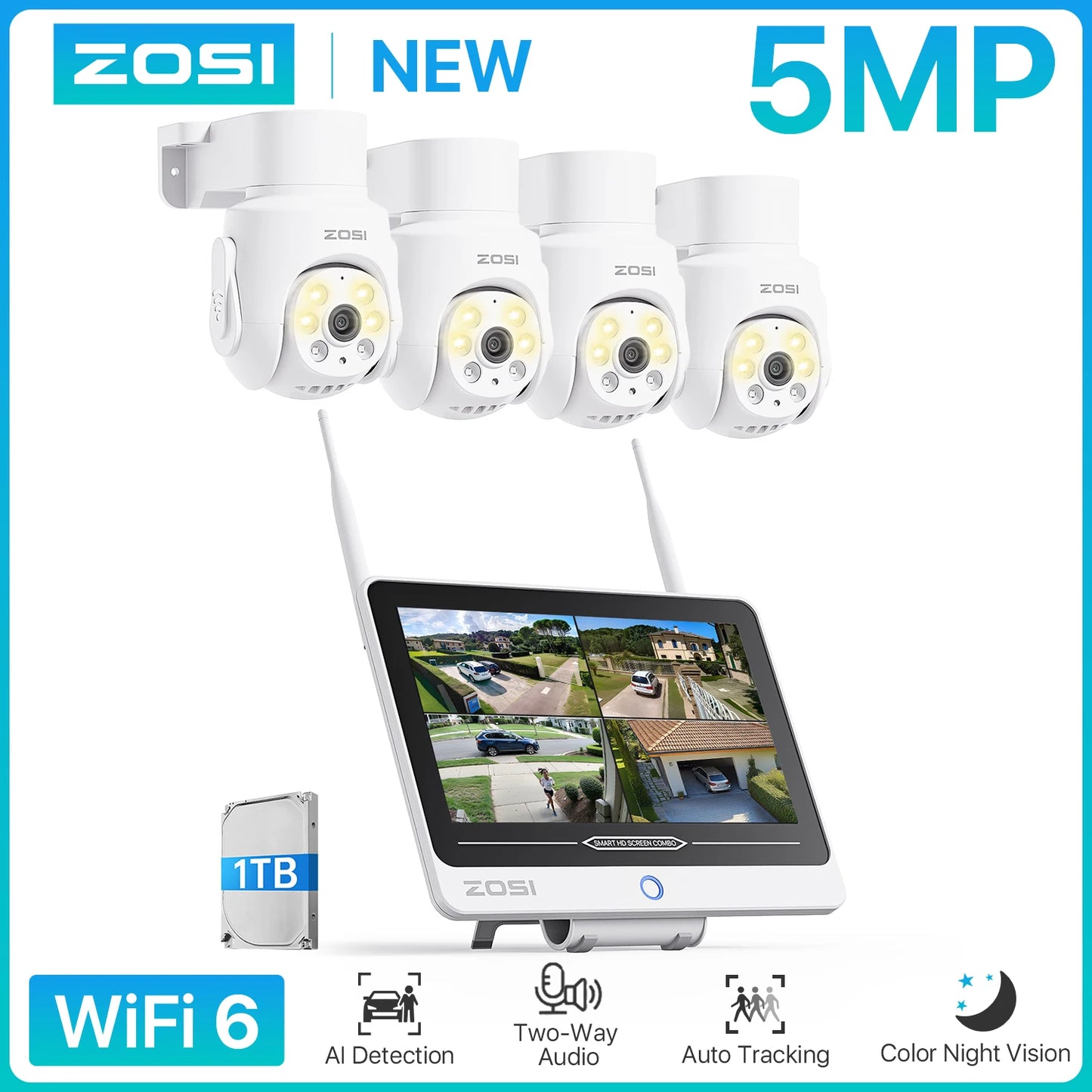 ZOSI 8CH 5MP WiFi 6 Security Camera System With LCD