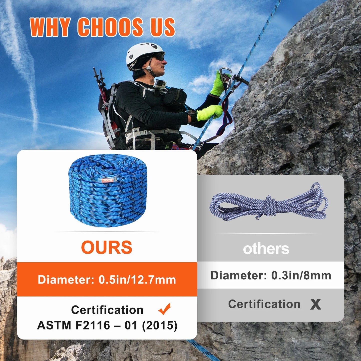 VEVOR Static Climbing Rope With Steel Snap Hooks 30kN Breaking Tension