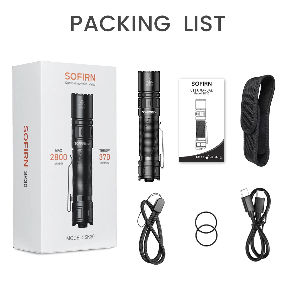 Sofirn SK30 3000 Lumen 6000K USB C Tactical Flashlight