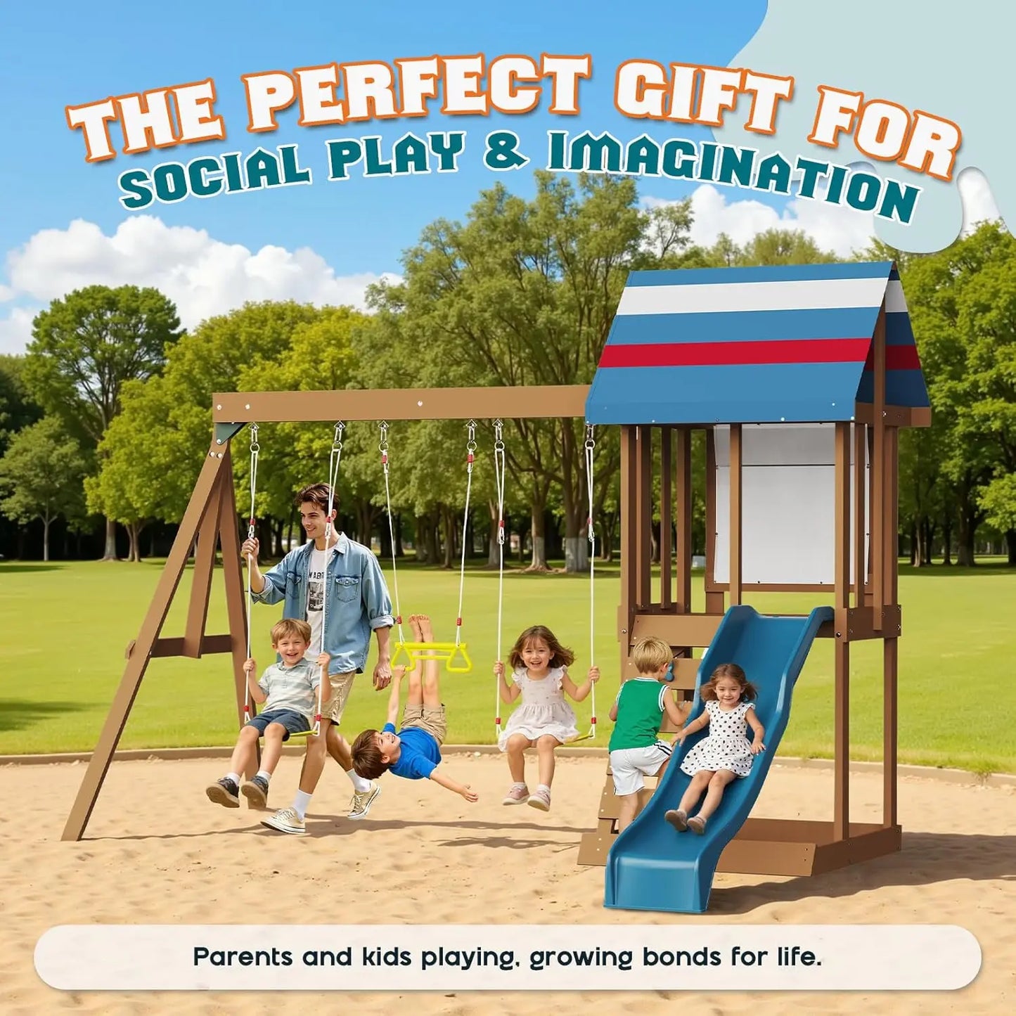 Wooden 6-In-1 Kids Swing Set With Tower Playhouse Wave Slide