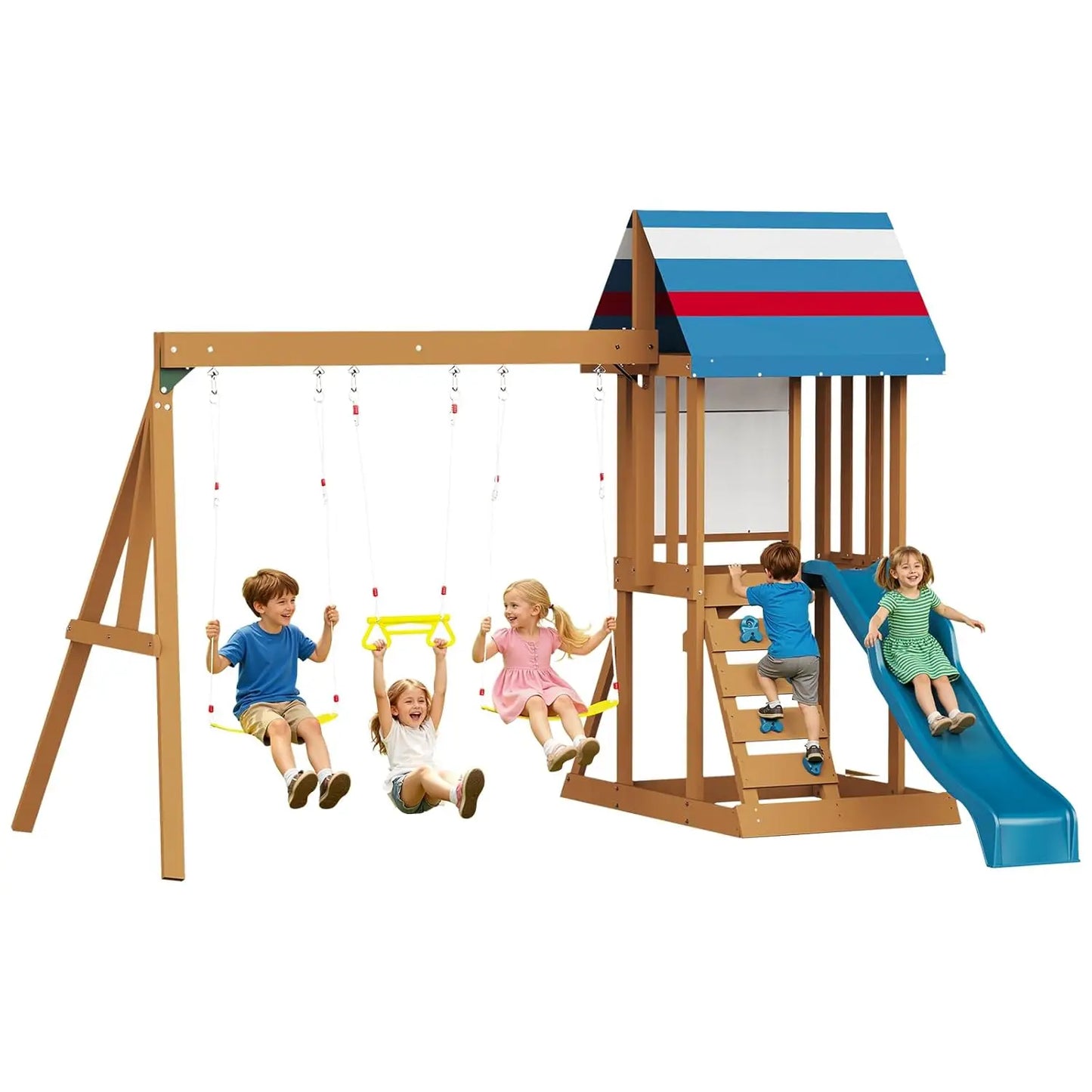 Wooden 6-In-1 Kids Swing Set With Tower Playhouse Wave Slide