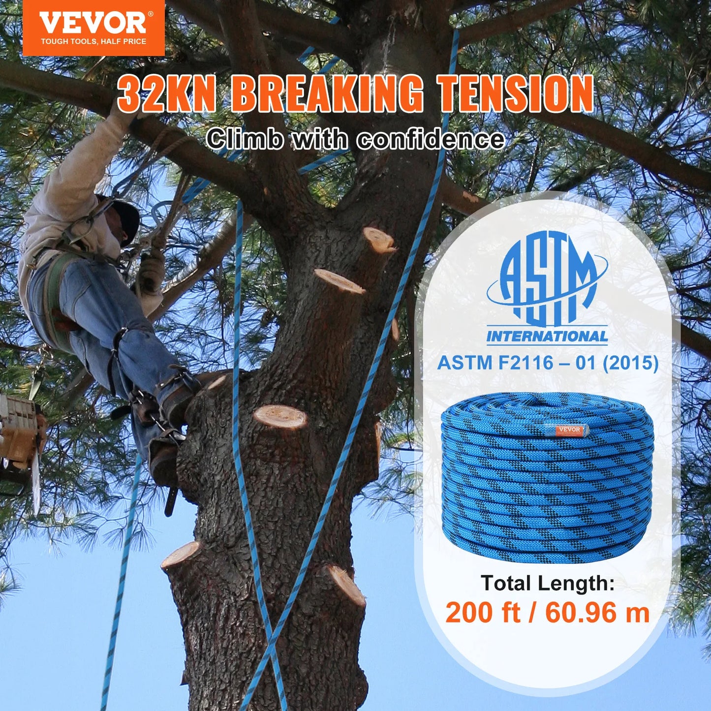 VEVOR Static Climbing Rope With Steel Snap Hooks 30kN Breaking Tension