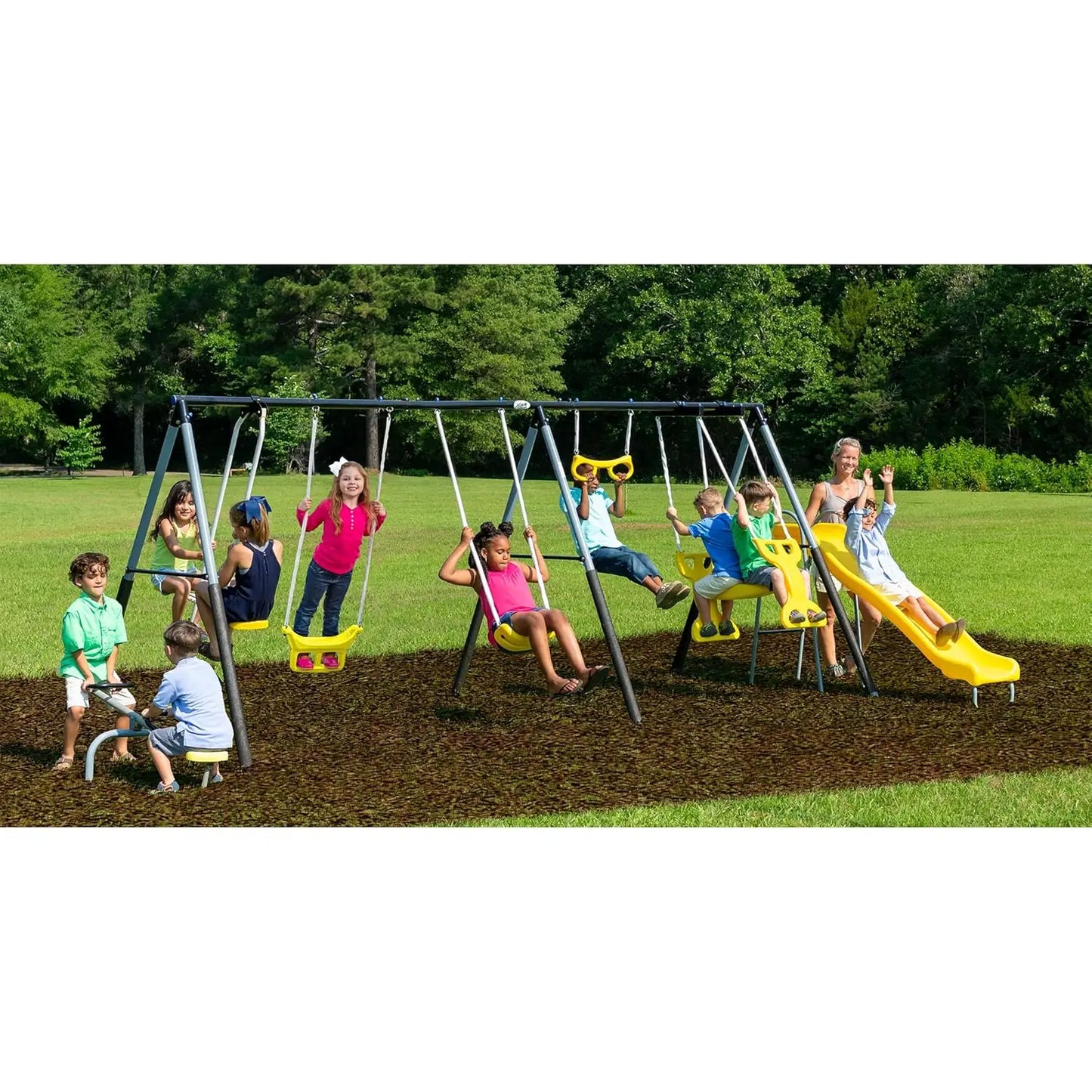 Metal A Frame Kids Swing Set Backyard Playset With Slide See Saw Glider