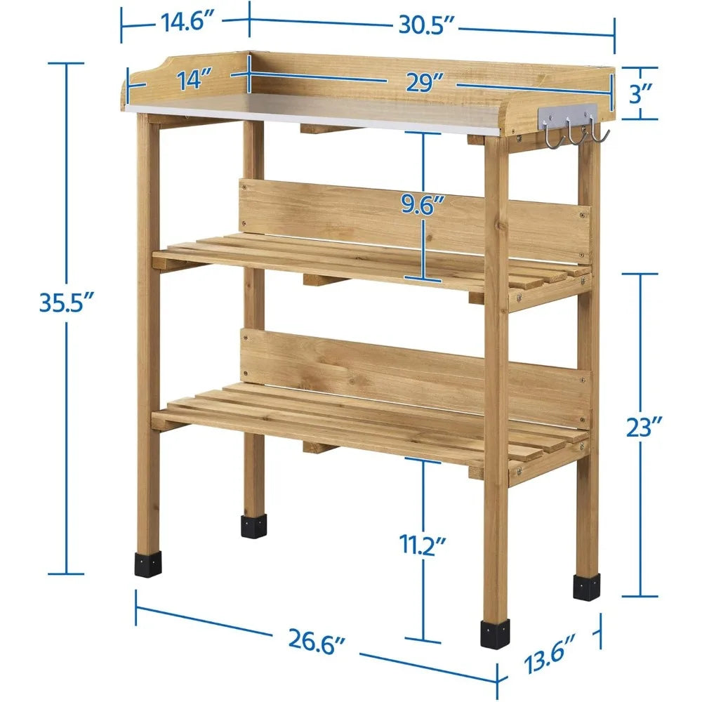 XIUWO Outdoor Potting Bench With Storage Shelf And Hooks