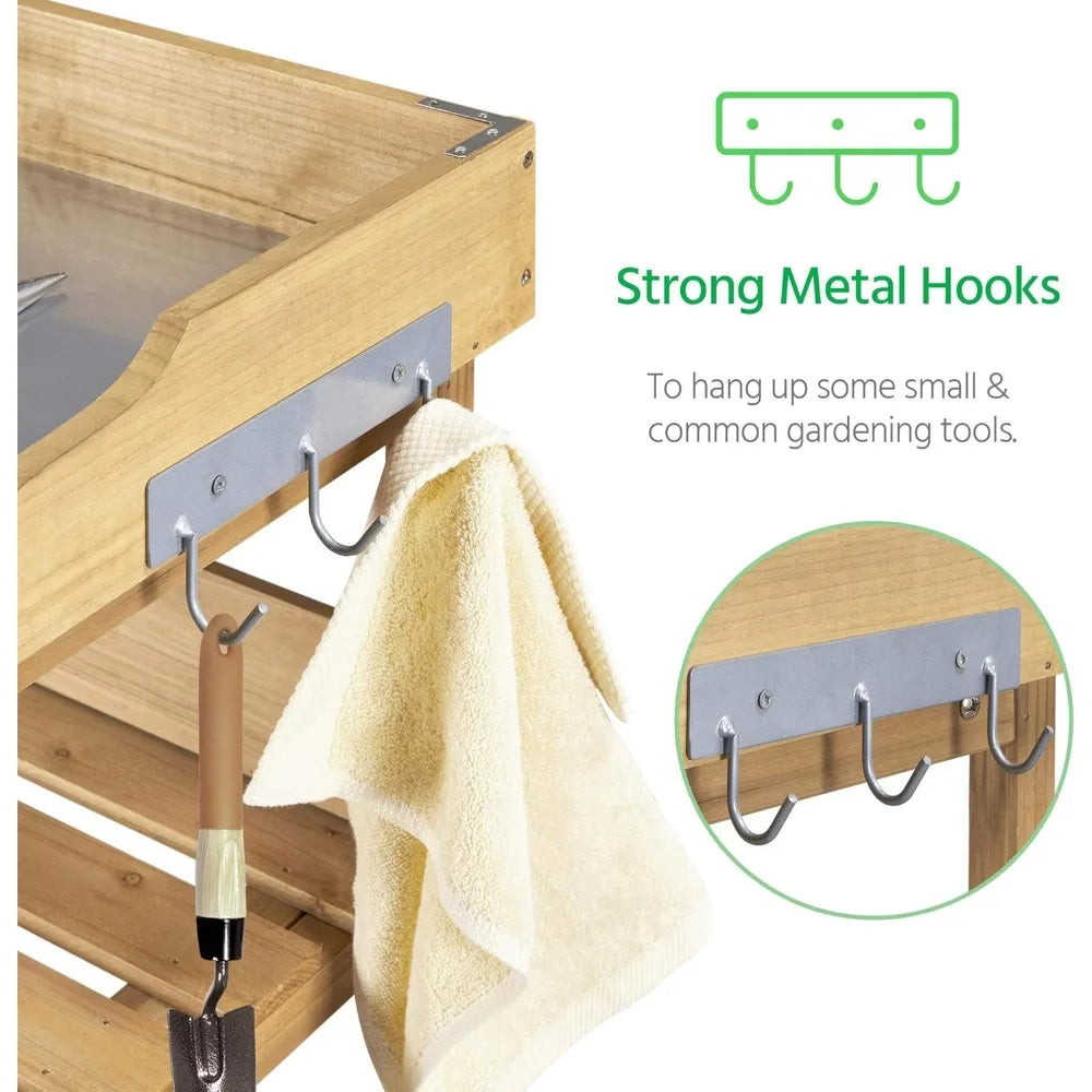 XIUWO Outdoor Potting Bench With Storage Shelf And Hooks